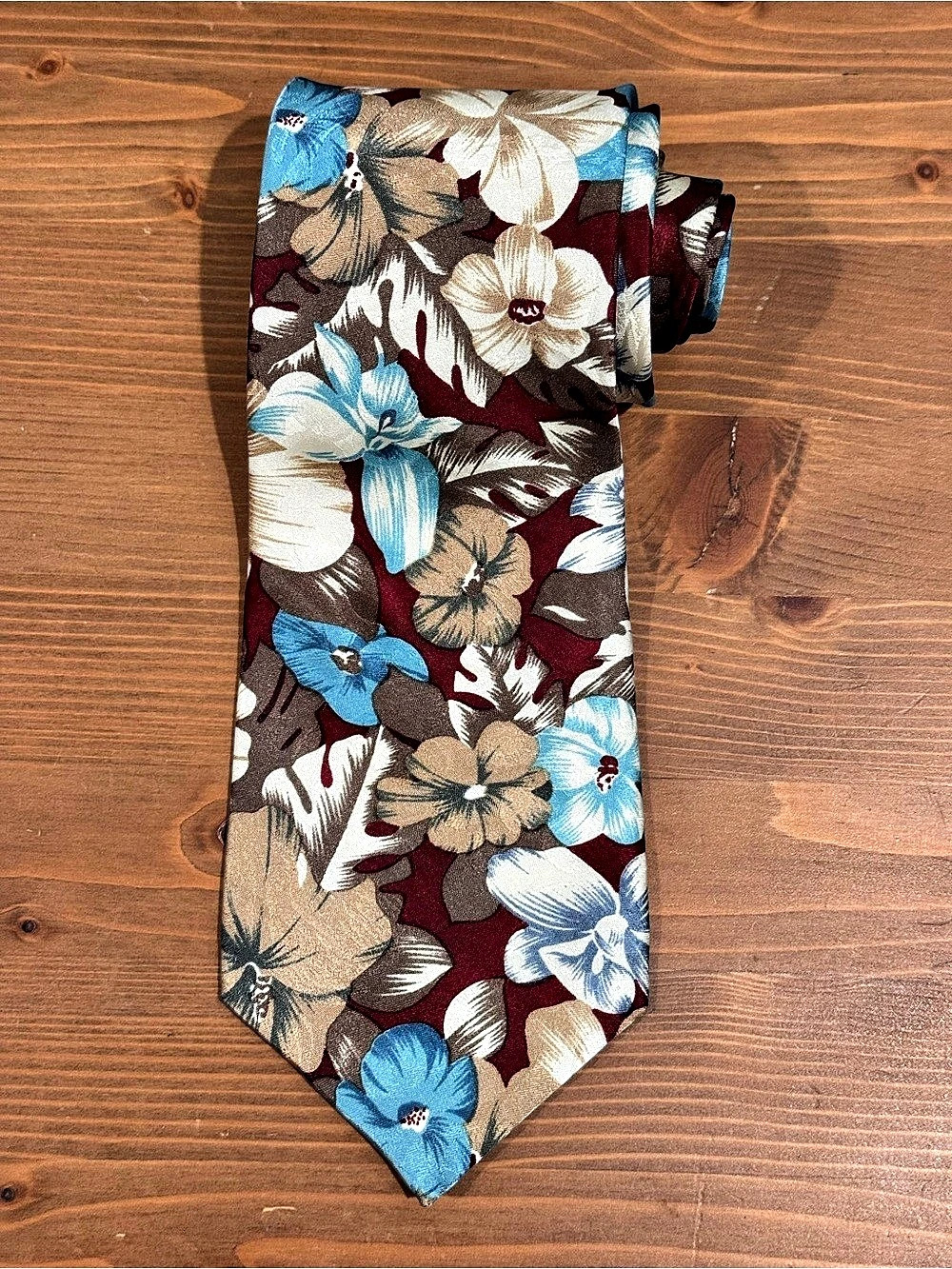 Vintage Oscar de la Renta Floral Silk Tie in Blue & Burgundy Like New